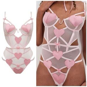 For Love & Lemons Heart Teddy Pink Lingerie One Piece Womens Size Medium